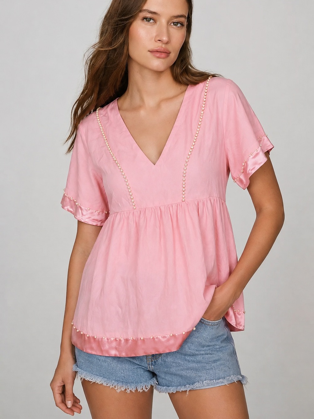 Y2K 100% Silk Babypink ShortSleeve Vneck Blouse Size S